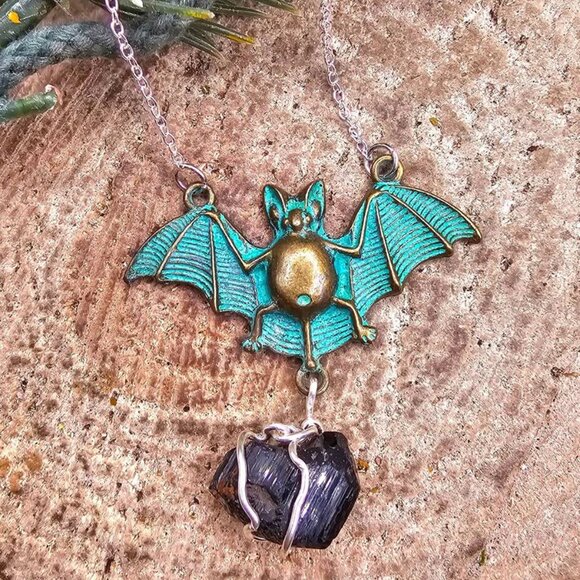Flying Bat Nature Black Tourmaline Raw Stone Pendant Necklace - Picture 4 of 10